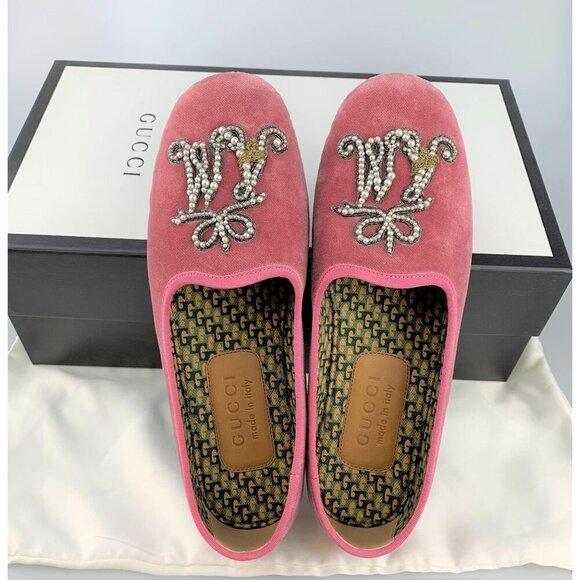 NIB Gucci Pink Velvet Pearl Monogram Slip on Loafers Size 5.5 - Picture 6 of 10